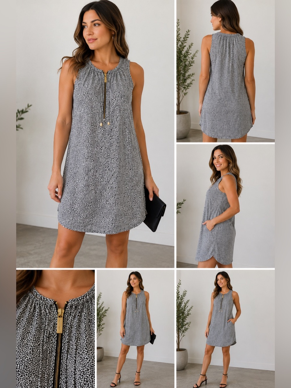 Michael Kors Sleeveless Zip Front Shift Dress Small in Gray with Gold Accents